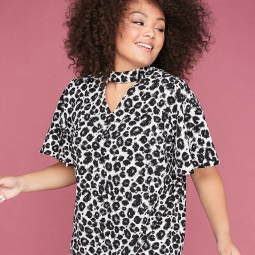 Lane Bryant Black White Leopard‎ Print Blouse Womens 22 Flare Short Sleeve